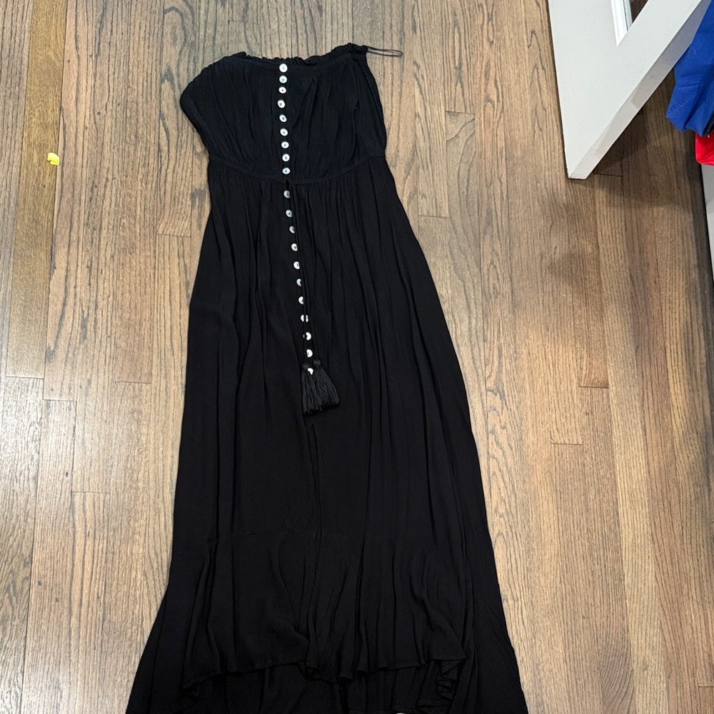 Elan Black Strapless Maxi Dress with Front Button Tassel
